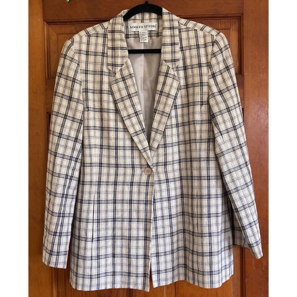 Vintage Womens 16 Plaid Linen Cotton Blazer Professional Academia Preppy Y2K 90s